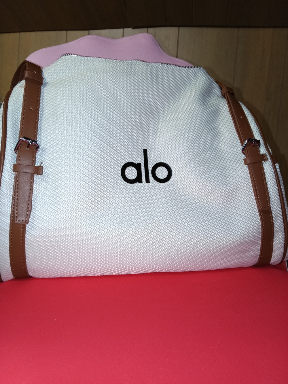 ALO Yoga White & Pink Tote with Brown Straps